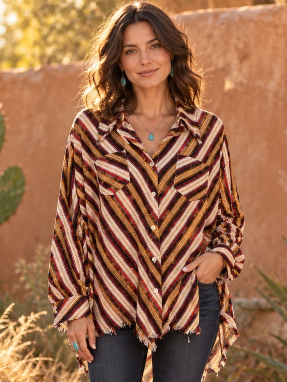 NWOT - Jaded Gypsy Button-Down Tunic - Striped - Raw High Low Hem